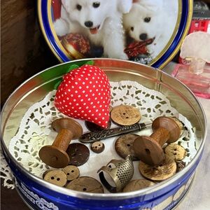 Vintage Sewing Kit with Wooden Spools and Buttons